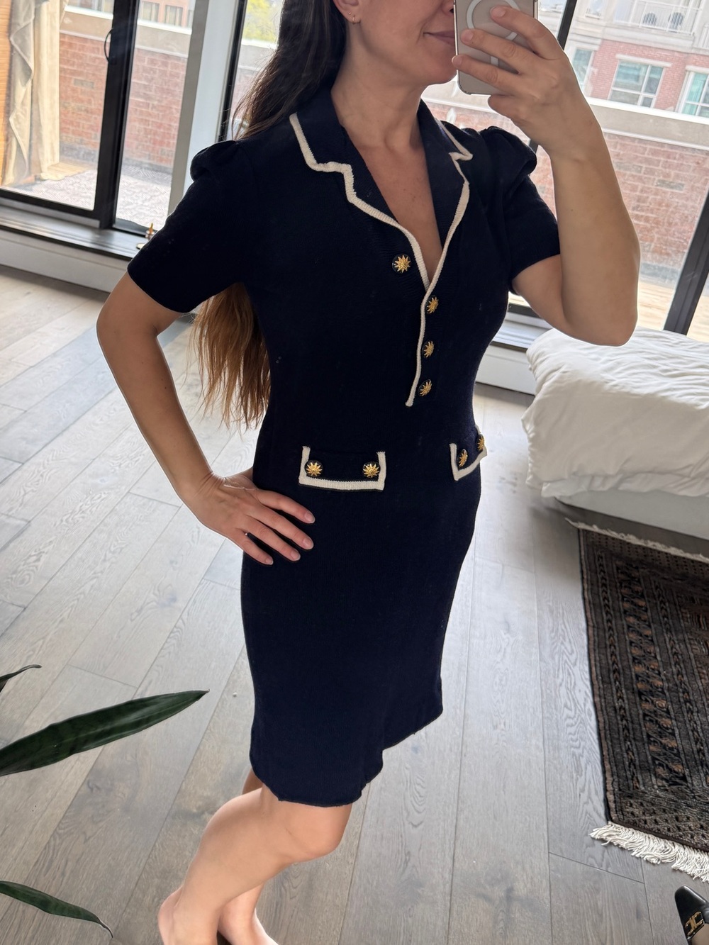 Vintage Adolfo Navy Knit Dress Gold Button Wool Blend